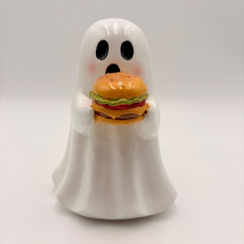 Ghost Holding Cheeseburger Figurine Halloween Decor White
